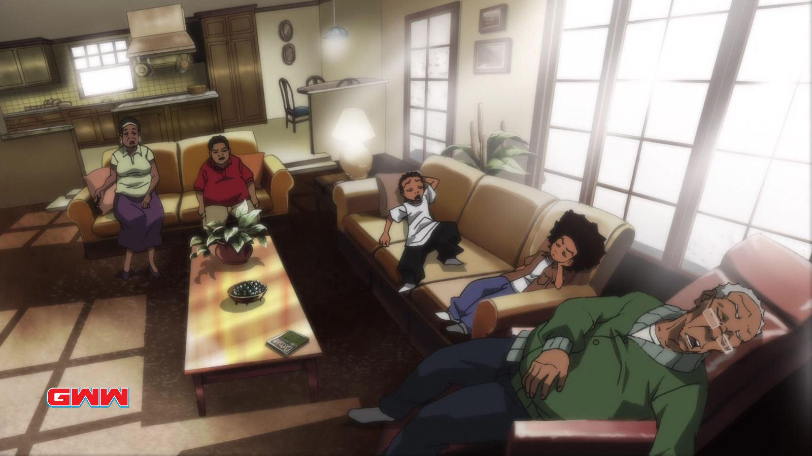 Los hermanos Huey y Riley durmiendo en la sala de estar con su abuelo, ¿es Boondocks un anime?