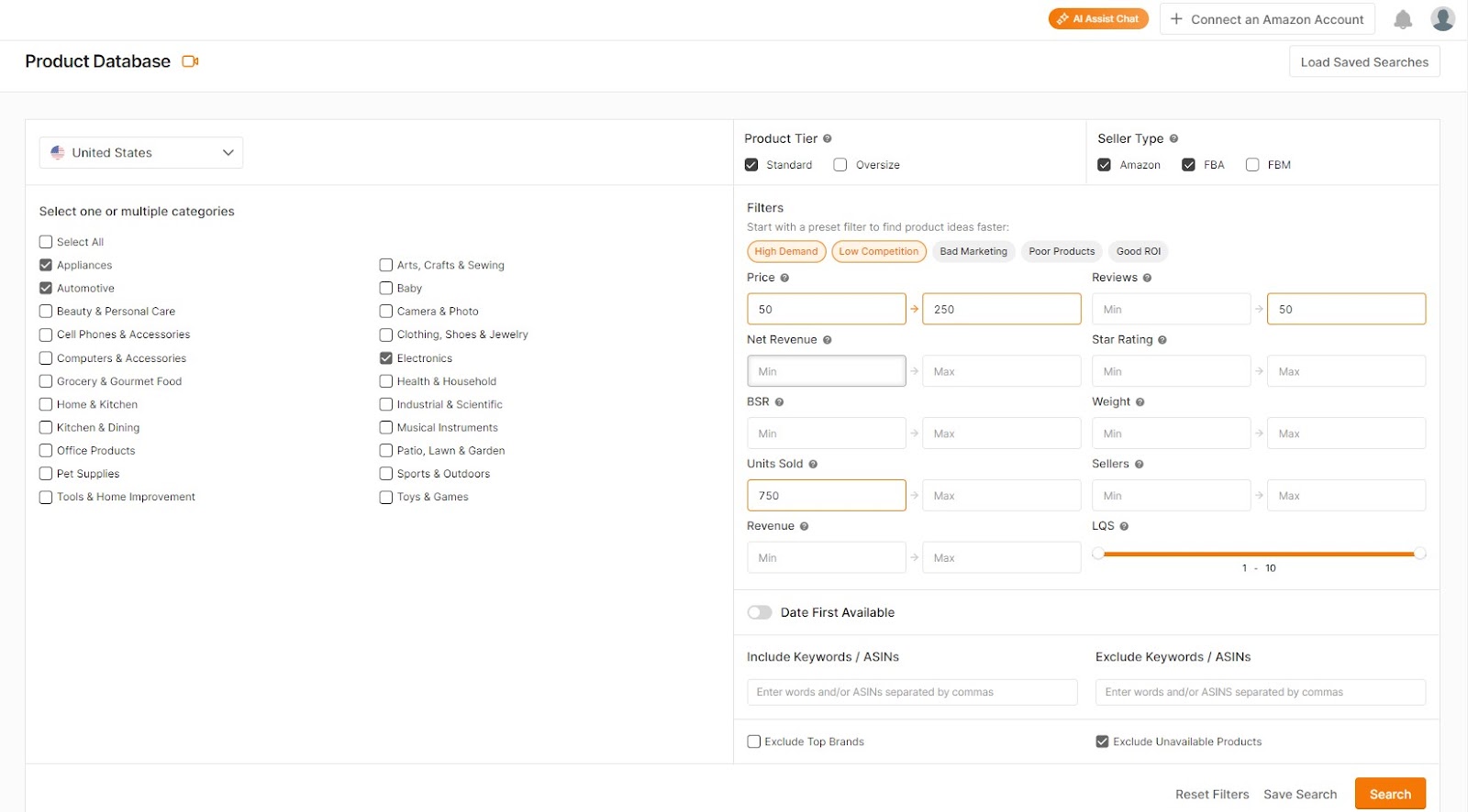 Choose your marketplace and then select the categories you want to search in.