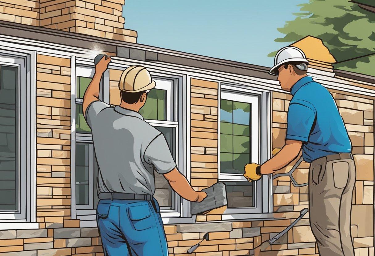 A worker installs stone and brick siding on a house, while another worker maintains the home siding