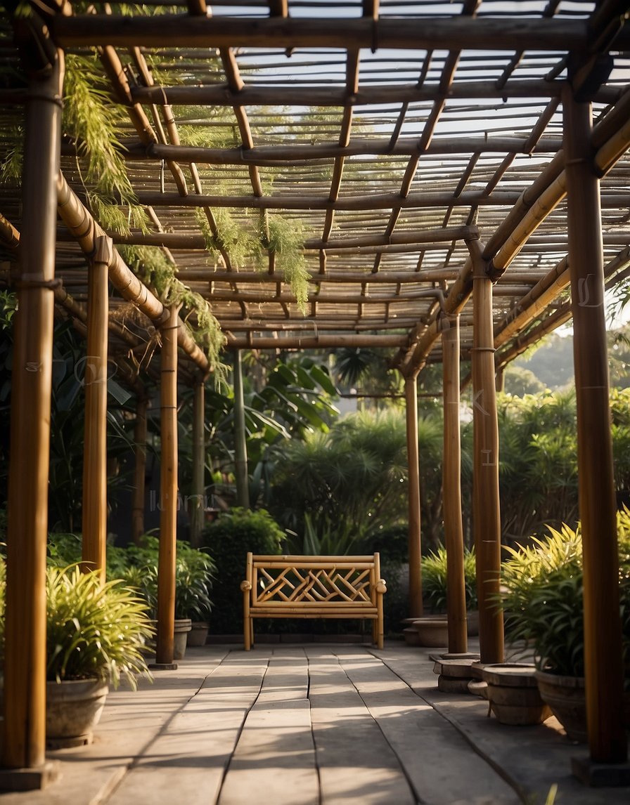 An Asian-inspired pergola stands tall, adorned with bamboo shade. The intricate design creates a tranquil and serene atmosphere