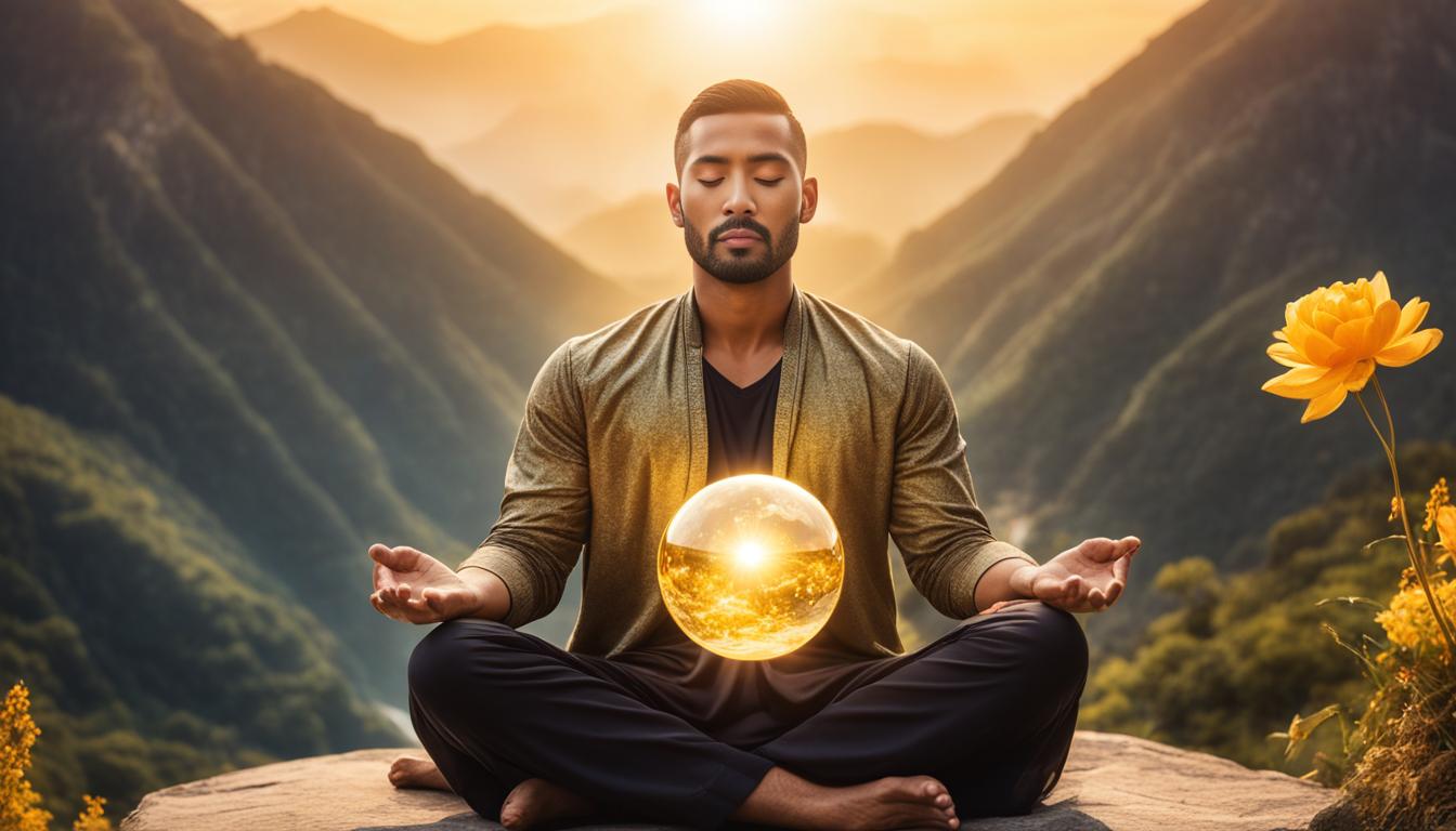 A person seated in a meditative pose with their eyes closed, surrounded by a golden aura. In their hands, they hold a glowing orb that represents their dream. Around them, symbols of abundance and prosperity such as money, gold, jewels, and flowers float in the air. The background is a beautiful landscape imbued with light and colors that evoke peace and tranquility.