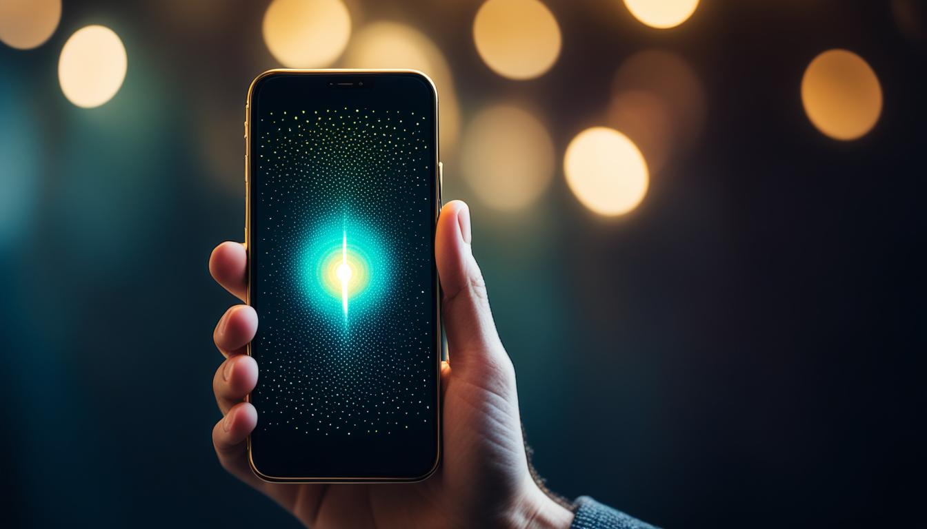 A hand holding a mobile phone with a glowing aura surrounding it, as if waiting for a text message to appear. The hand is slightly trembling with anticipation while surrounded by a warm and inviting atmosphere. The background is dark with hints of golden sparkles, symbolizing the idea of manifesting a message from him. The image conveys an eager and hopeful feeling of waiting for a romantic connection to be initiated through a simple text message.