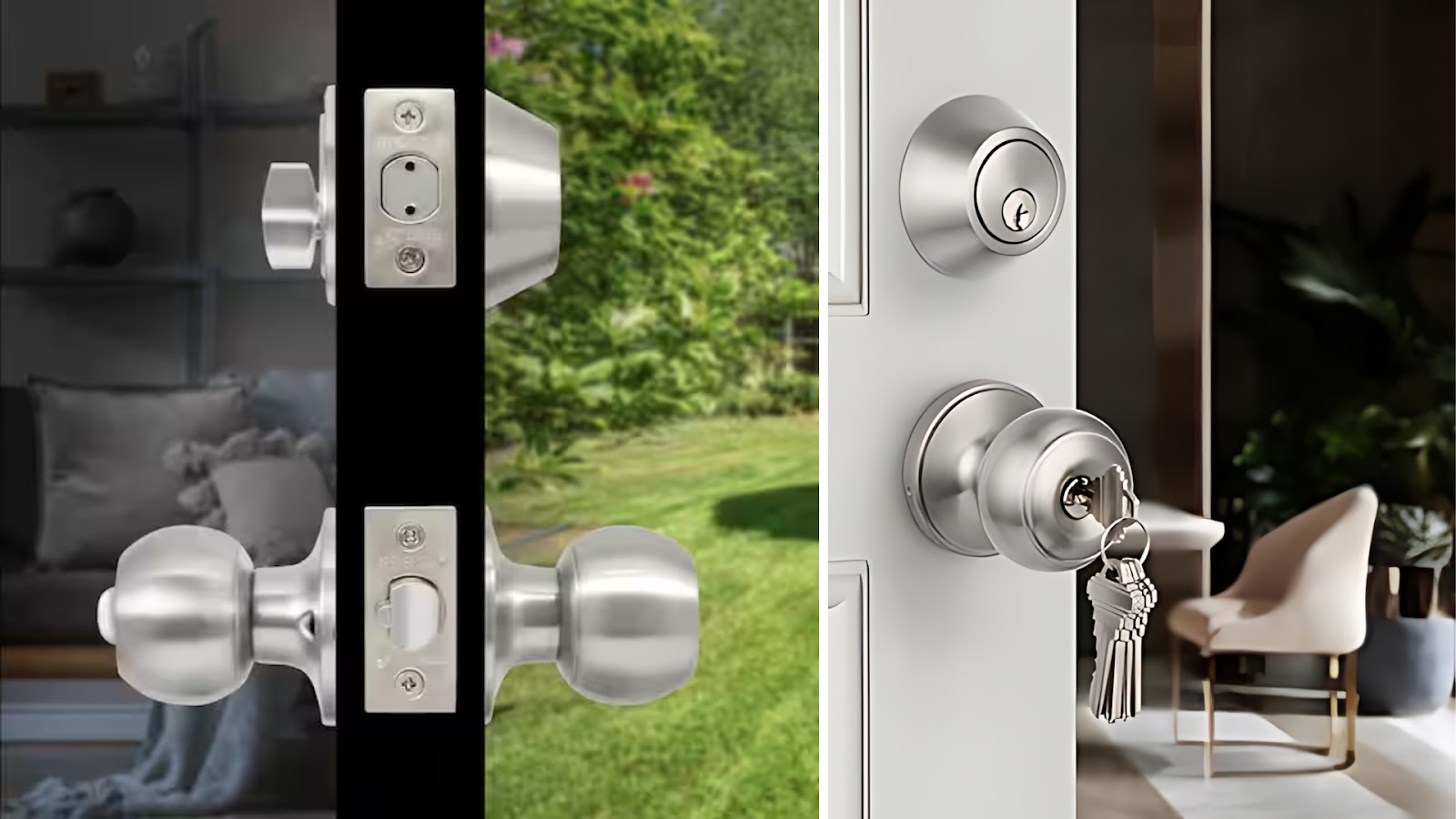 Two images of front doors featuring double locks