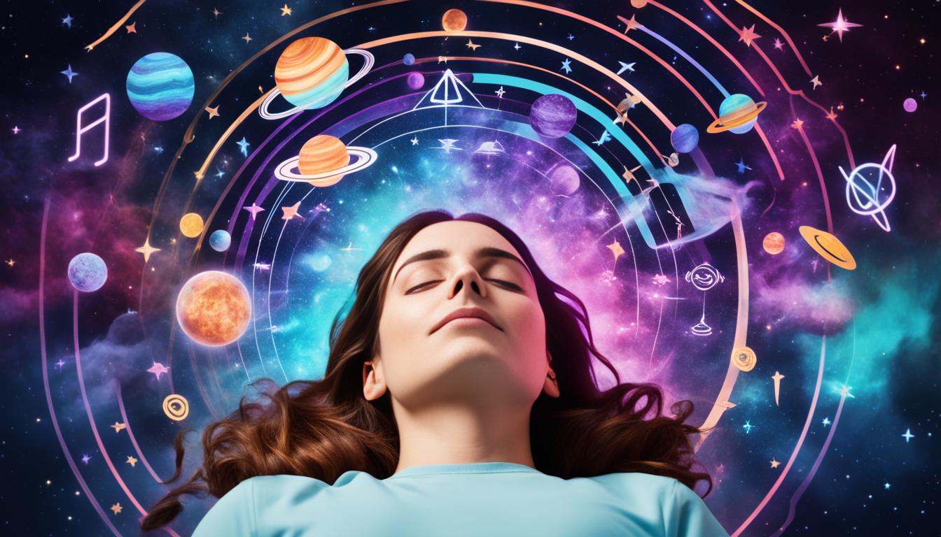 An image of a sleeping person with glowing, multi-colored lines emanating from their third eye, surrounded by symbols of the universe, such as planets and stars. In the background, include a montage of various TikTok creators demonstrating their sleep manifestation techniques, such as visualization, affirmation, and scripting. The overall tone should be peaceful and dreamlike, with an emphasis on the power of the mind to manifest one's desires even while asleep.