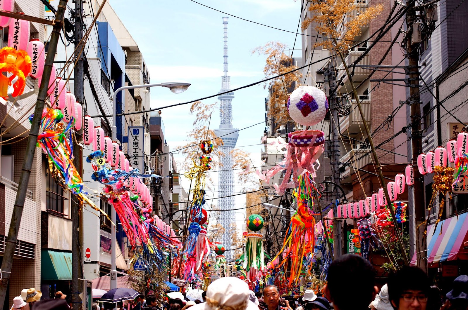 colorful decorations in kappabashi street facing tokyo skytree at shitamachi tanabata festival