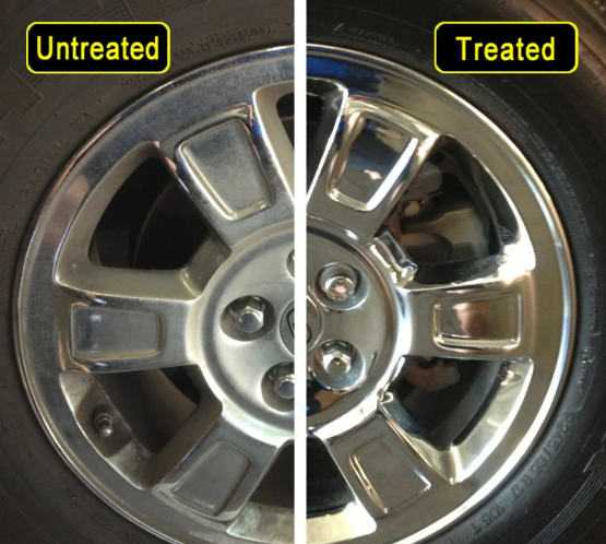 Side-by-side comparison of a car wheel before and after ceramic coating treatment. The left side shows the untreated wheel with a matte finish, and the right side showcases the treated wheel with a noticeable glossy sheen, demonstrating the coating's effect.