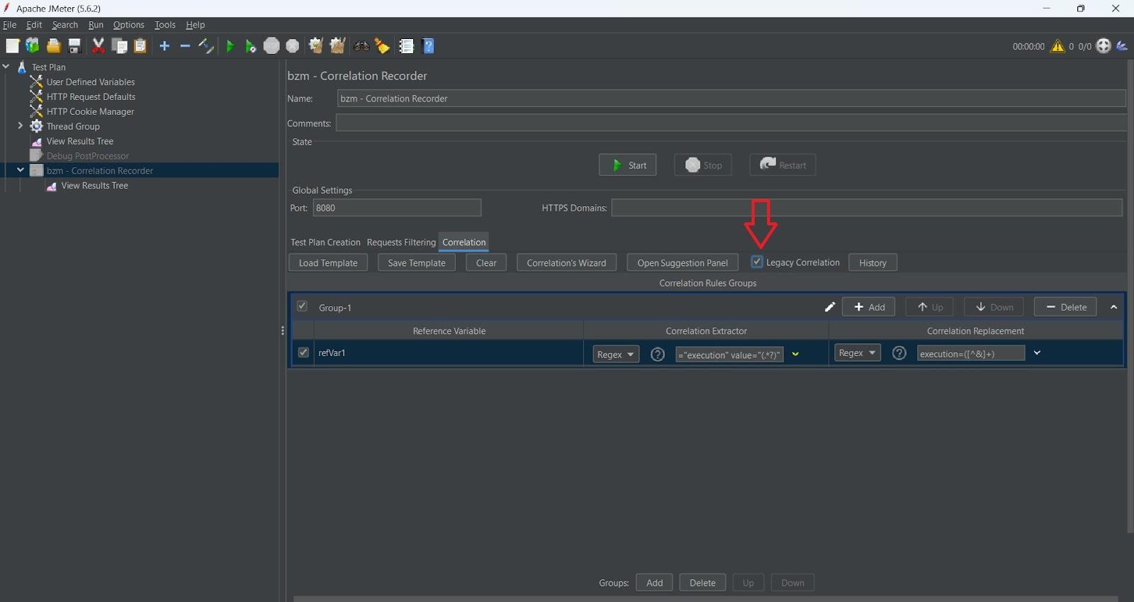 View of the rules configuration and Legacy mode enabled before making a second recording to correlate a sample flow Screenshot