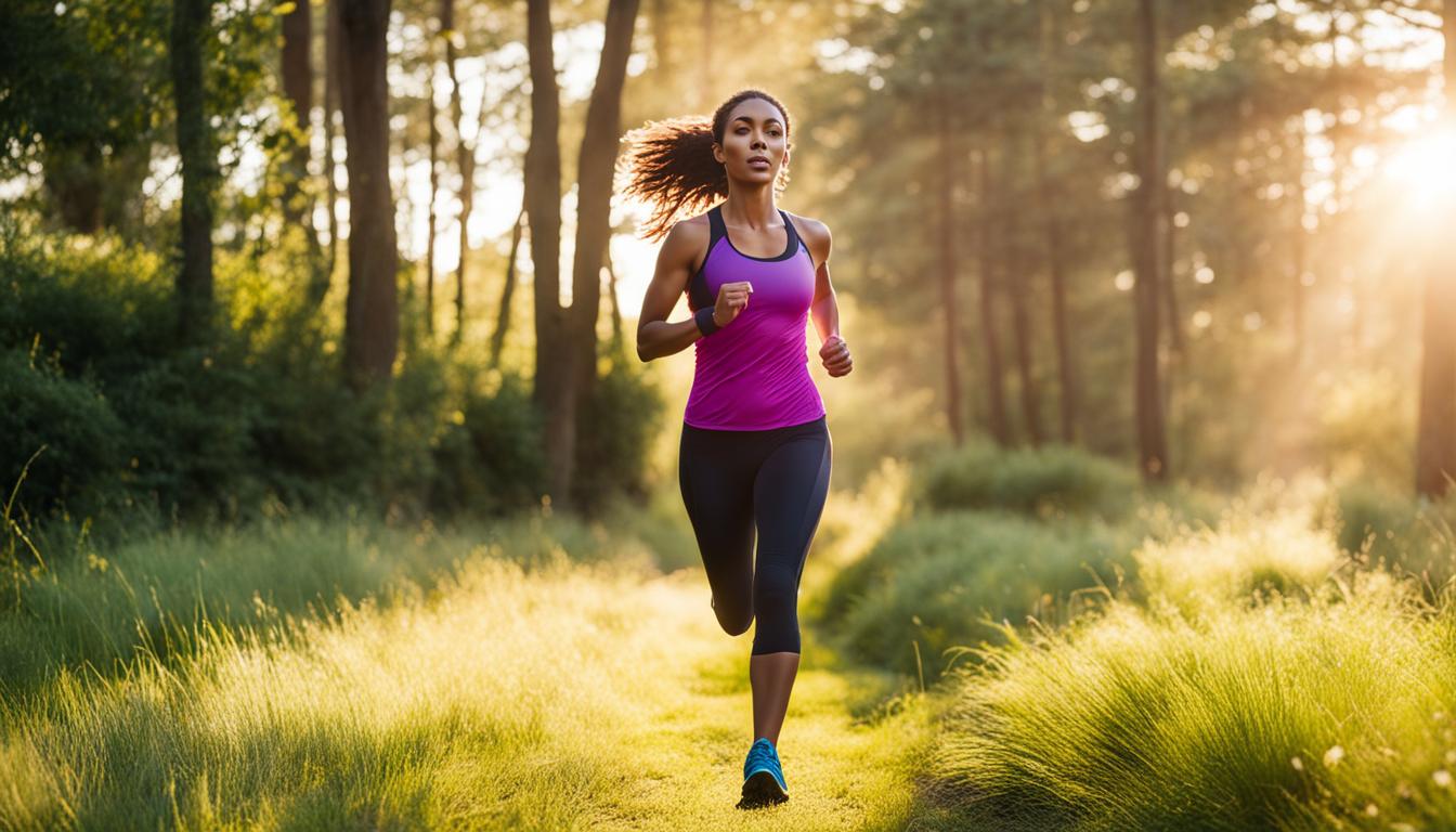 A woman running outside in the morning, surrounded by greenery and trees, with a bright sun rising in the background. She wears workout clothes and a determined expression, representing the healthy habit of physical fitness in manifesting love.