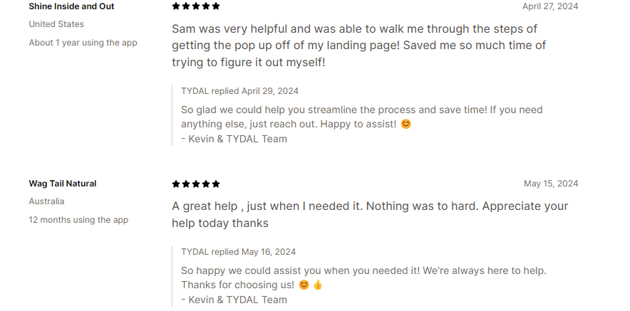 Customers' Reviews on TYDAL Popup