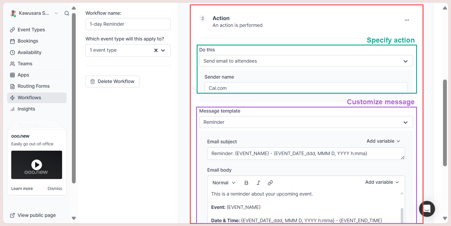 Set actions for a workflow in Cal.com