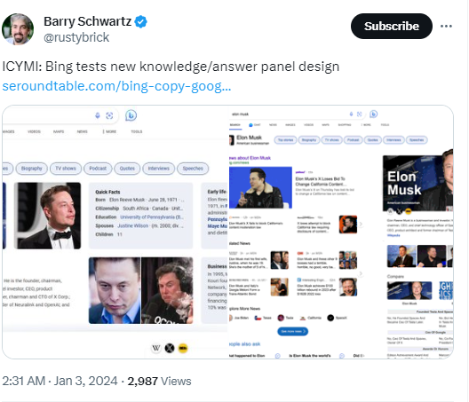  Tweet Barry Schwartz di X mengenai knowledge panel Bing.