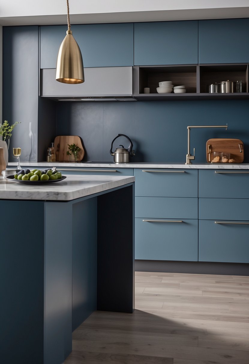 The kitchen features two-tone cabinets in shades of gray and blue, creating a modern and sleek look