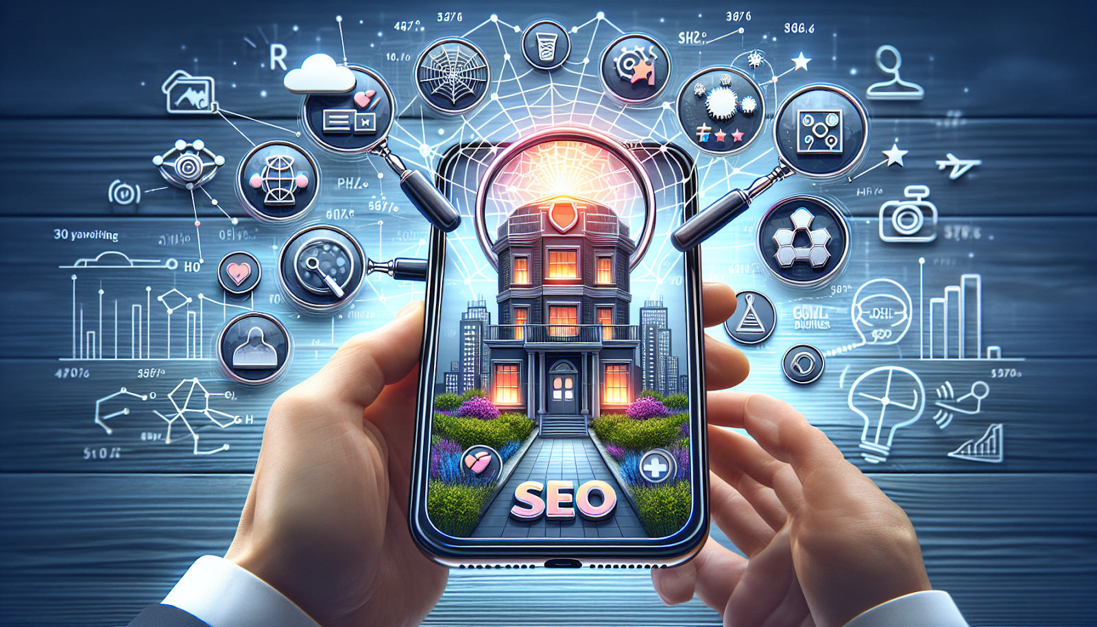 Imagine a conceptual illustration on iPhone showcasing the importance of SEO in the field of plastic surgery. The image features symbols of SEO optimization, such as magnifying glasses hovering over keywords, interconnected webs representing link building, and a mobile phone with a fast and effective user interface symbolizing mobile optimization. Also included in the design are reflections of positive reviews in the form of highlighted stars, and icons of SEO tools like a homely building and a local map indicating Google My Business and Moz Local. An influential aura around a plastic surgeon symbol signifies the enhanced online visibility resulting from proper SEO.