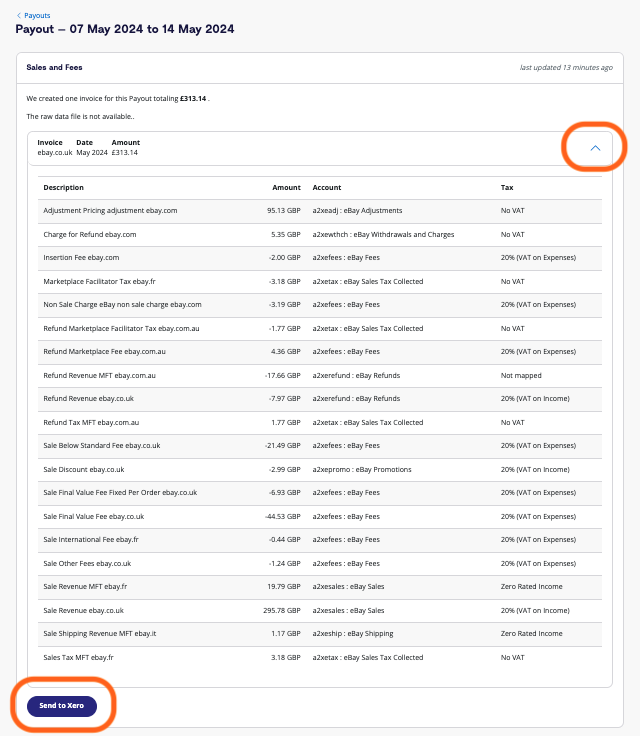 A screenshot of an example of how A2X will categorize payout data. Select 'Send to Xero'.