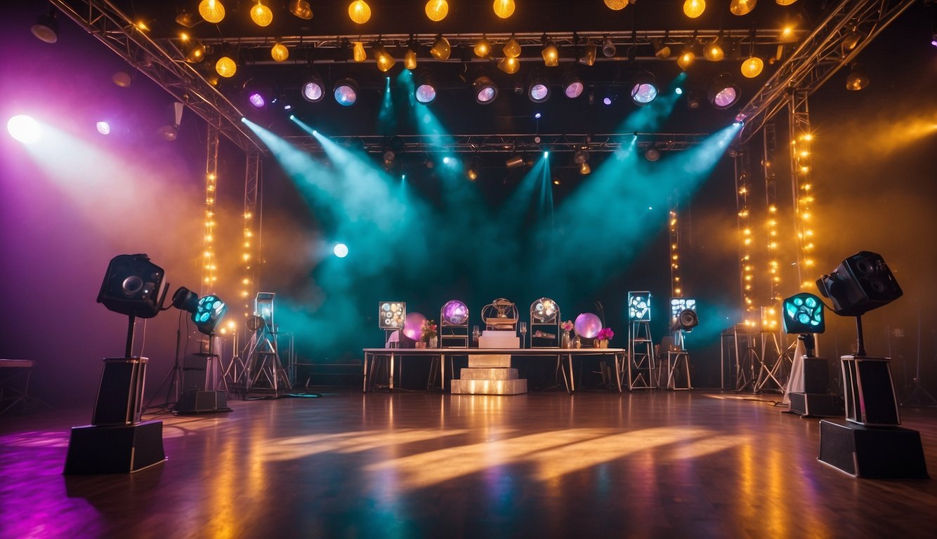 A colorful wedding stage with vintage cameras, film reels, and disco balls. Bright lights and vibrant colors create a groovy atmosphere