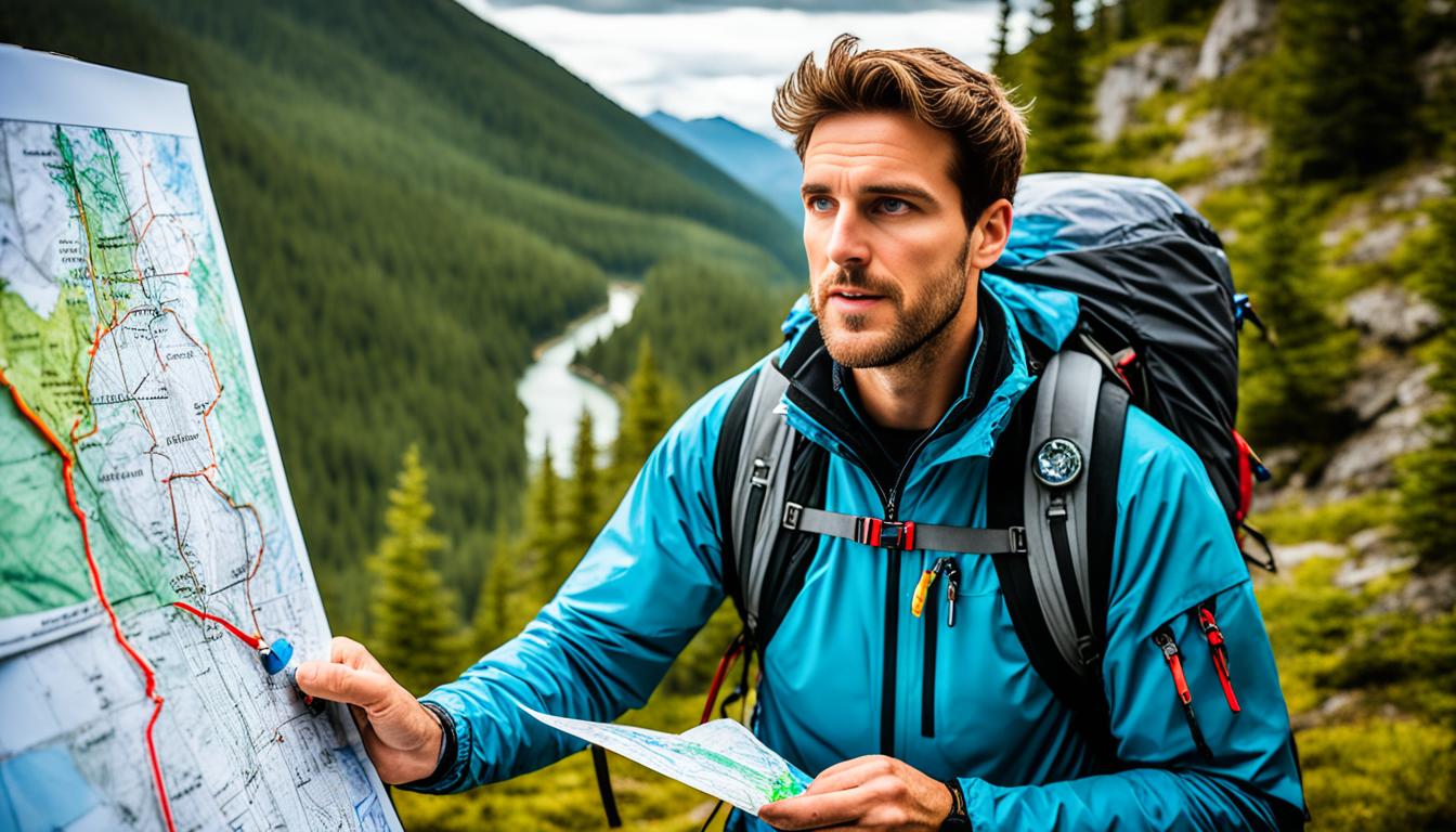 A person standing at the base of a mountain with a map and compass in hand, looking up at the summit with determination in their eyes. On the map, there are various markers indicating different action steps towards manifesting money for a house, such as saving, investing, and budgeting. The person is surrounded by nature, with trees and wildlife in the background, symbolizing the natural abundance that can be attained through focused action.