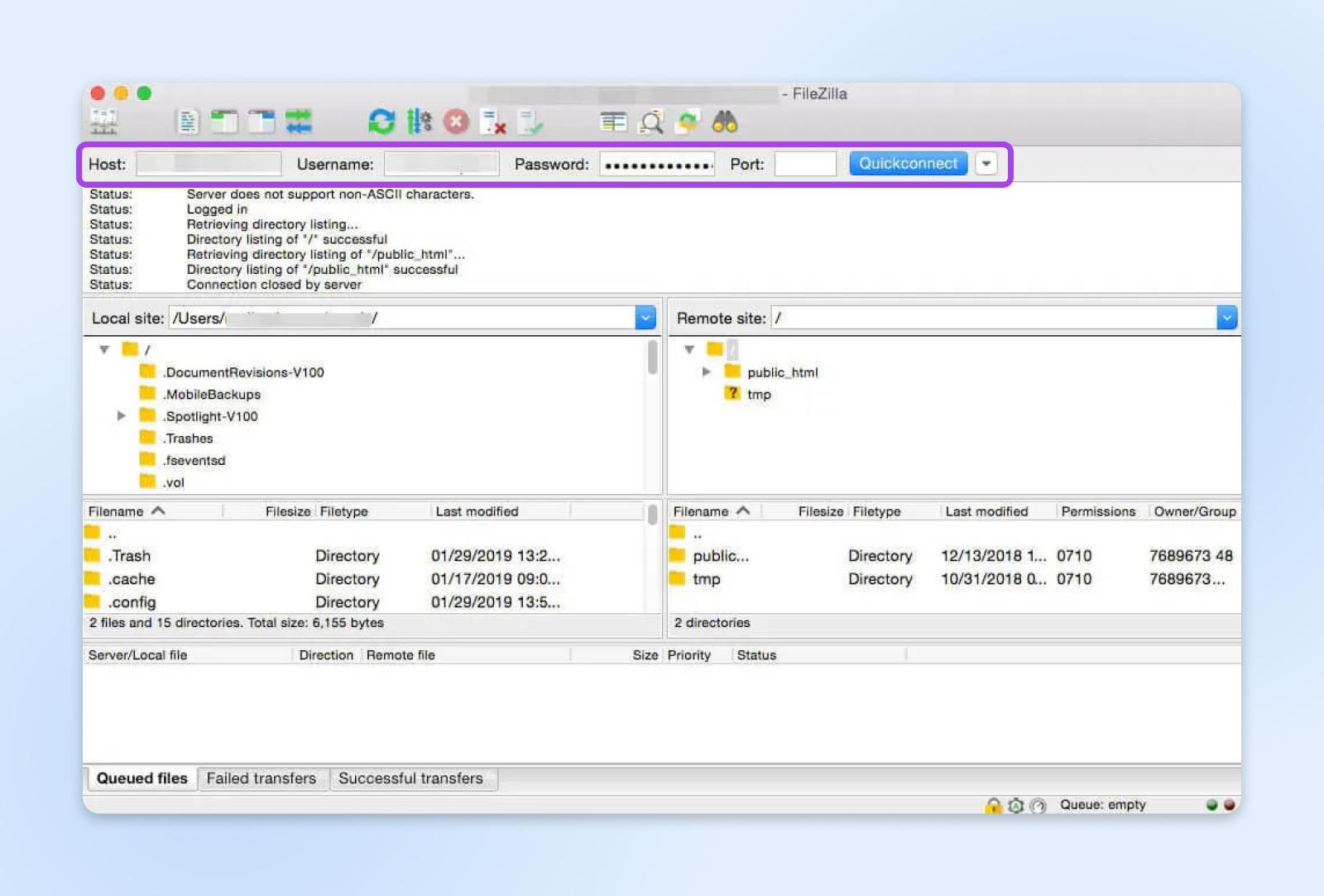 Interfaz FTP de FileZilla con la opción "Quickconnect" resaltada y estado de la conexión, estructuras de directorios remotos locales.