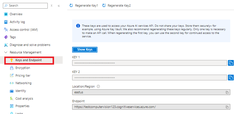 Keys and Endpoint Azure