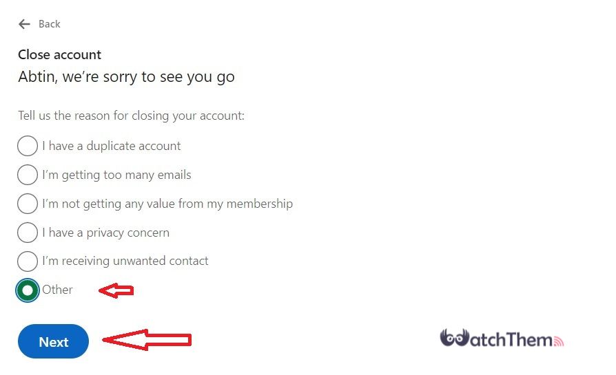 Deleting LinkedIn Account From PC: Choose reason and Click Next