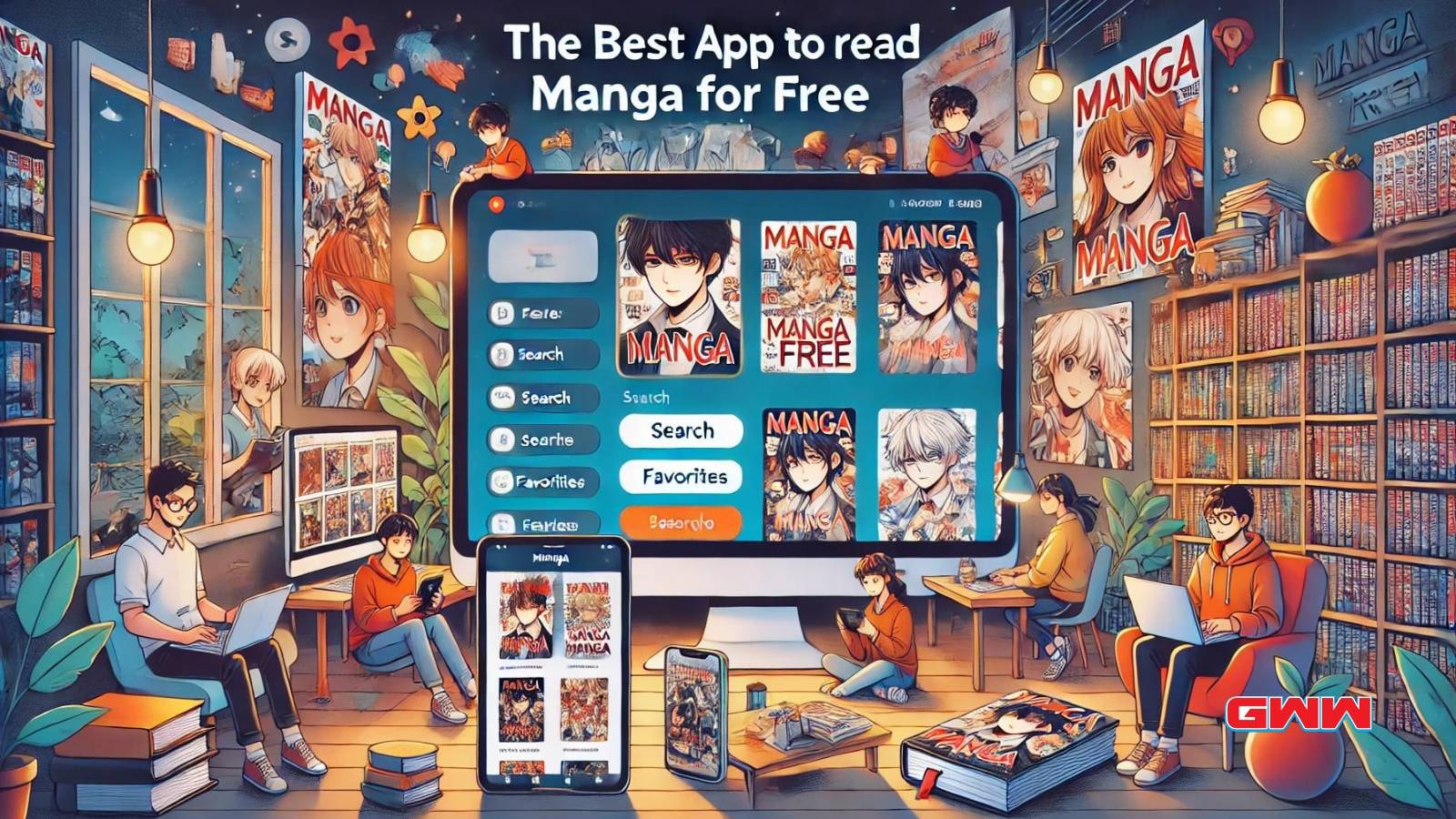 A widescreen illustration showcasing the concept of the best app to read manga for free.