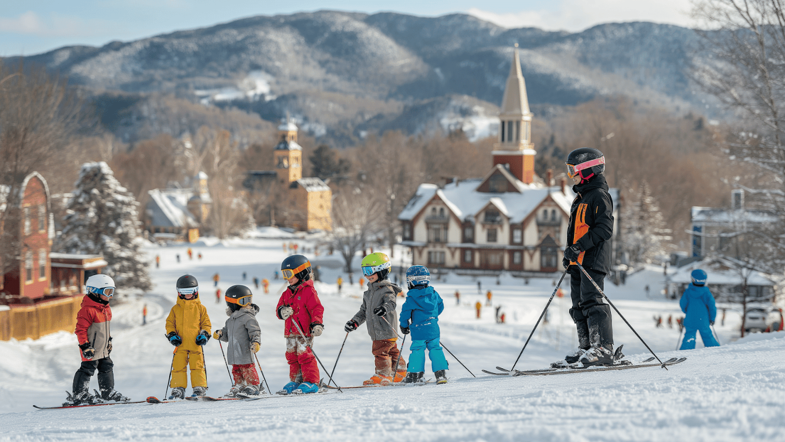 Children playing with a snowman in the village near West Mountain Ski Resort.