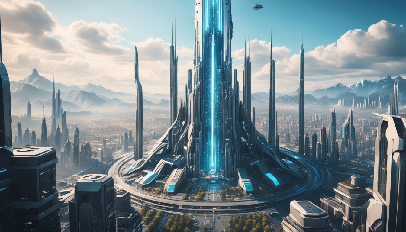 A futuristic city skyline with a towering AI structure dominating the center, casting its digital glow across the metropolis below. Humans scurry about their business, dwarfed by the machine's imposing presence.