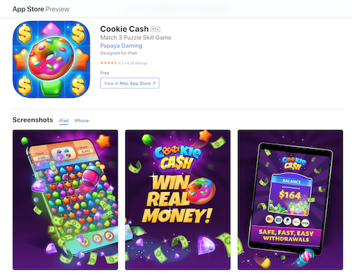 Cookie Cash screenshots from the Apple App Store showing the game in action, the opportunity to win real money, and a $164 balance. 