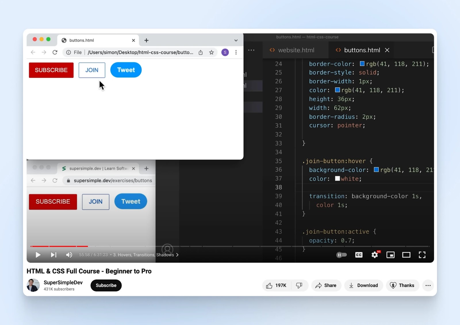 El vídeo de YouTube de SuperSimpleDev "Curso completo de HTML y CSS: principiante a profesional" se detuvo en la marca de 55 minutos.