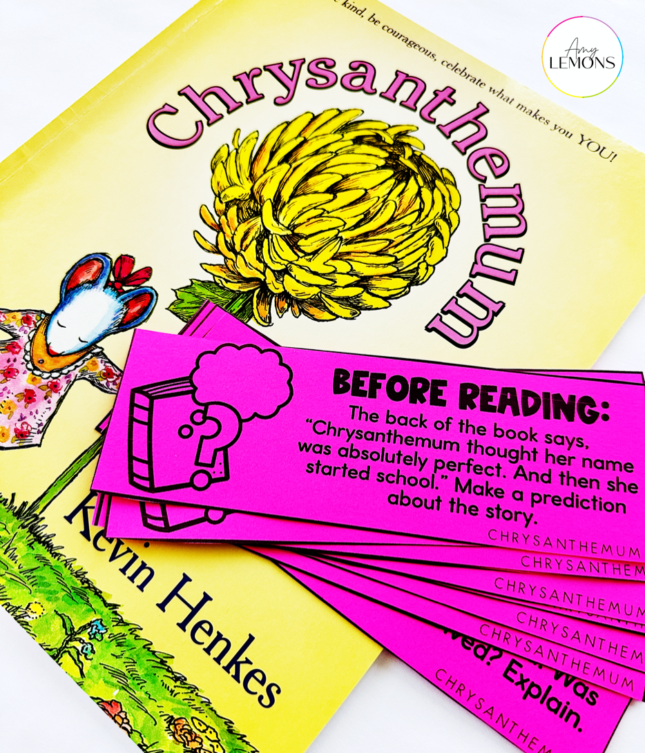 Back to school book suggestion Chrysanthemum and book question cards.