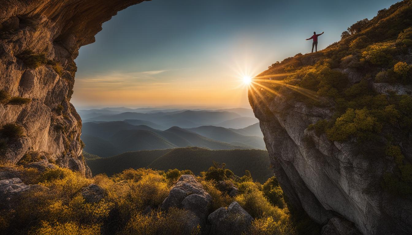 A person standing at the edge of a cliff, looking out at a vast and beautiful landscape. The sun is shining brightly overhead, casting the person in a warm and comforting glow. Despite their initial fear and doubt, the person slowly begins to spread their arms open wide, embracing the endless possibilities and opportunities that lie ahead. In this moment, they realize that they are capable of overcoming their limiting beliefs and manifesting the love they desire.