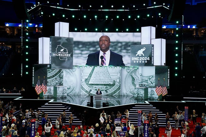 Sen. Tim Scott, R-S.C. speaks during the first day of the Republican National Convention. The RNC kicked off the first day of the convention with the roll call vote of the states.