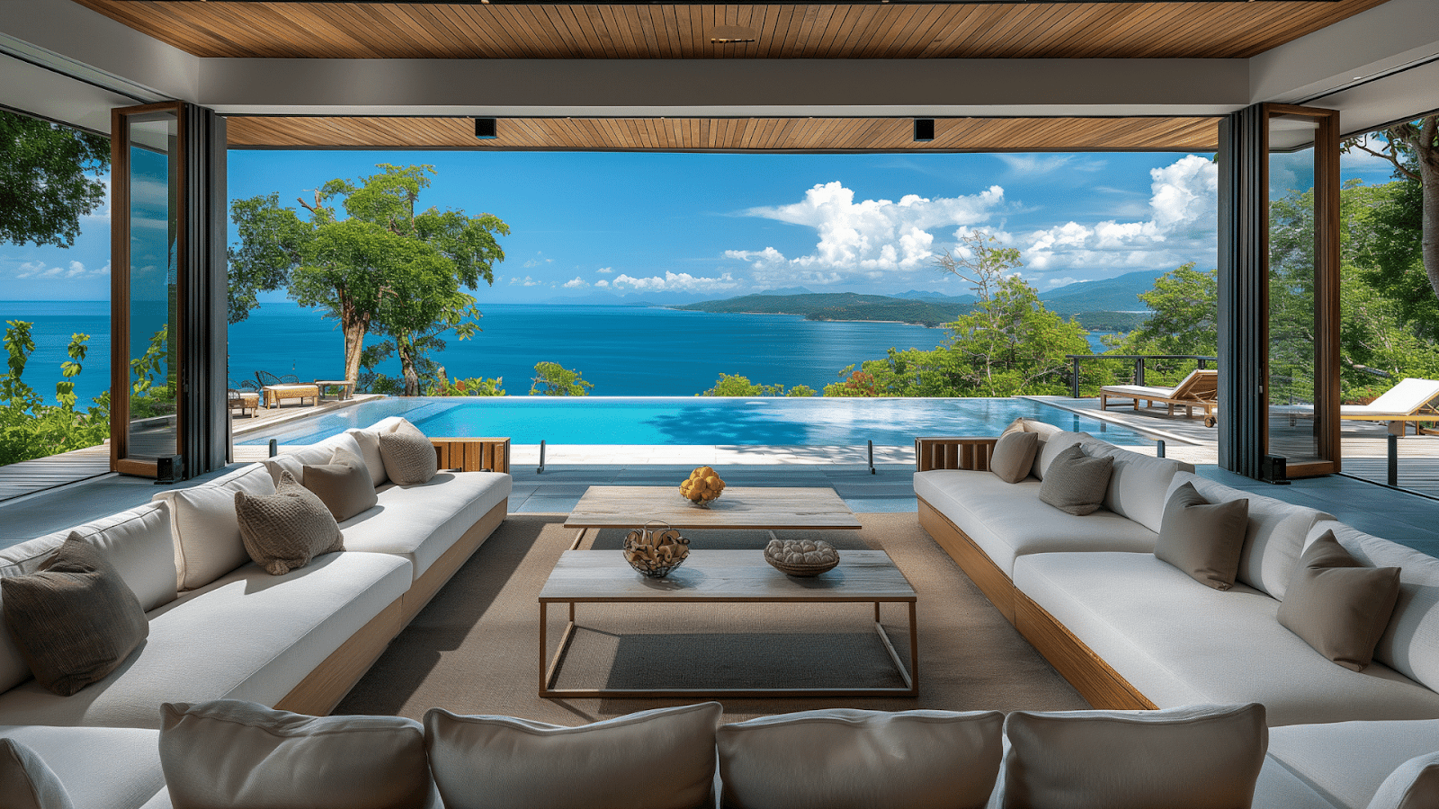 A luxurious open-air living room overlooking the ocean at a secluded rental in the Maldives.