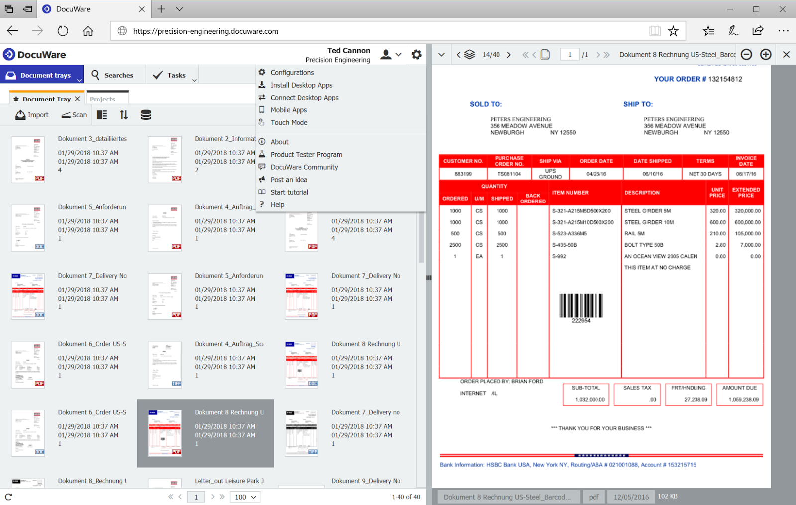 DocuWare UI showing document management features