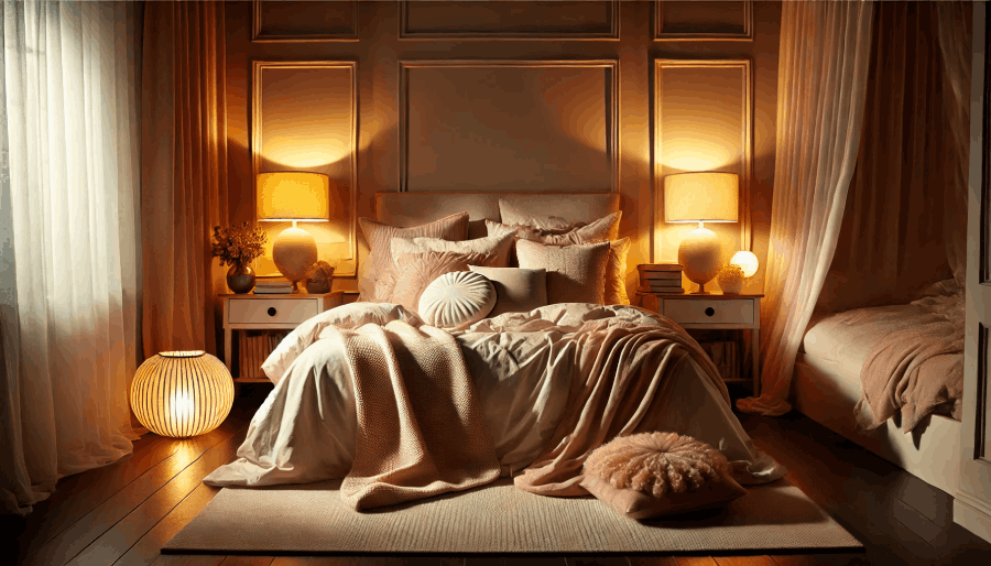 Here is an image illustrating a cozy bedroom setup with soft lighting and comfortable bedding.