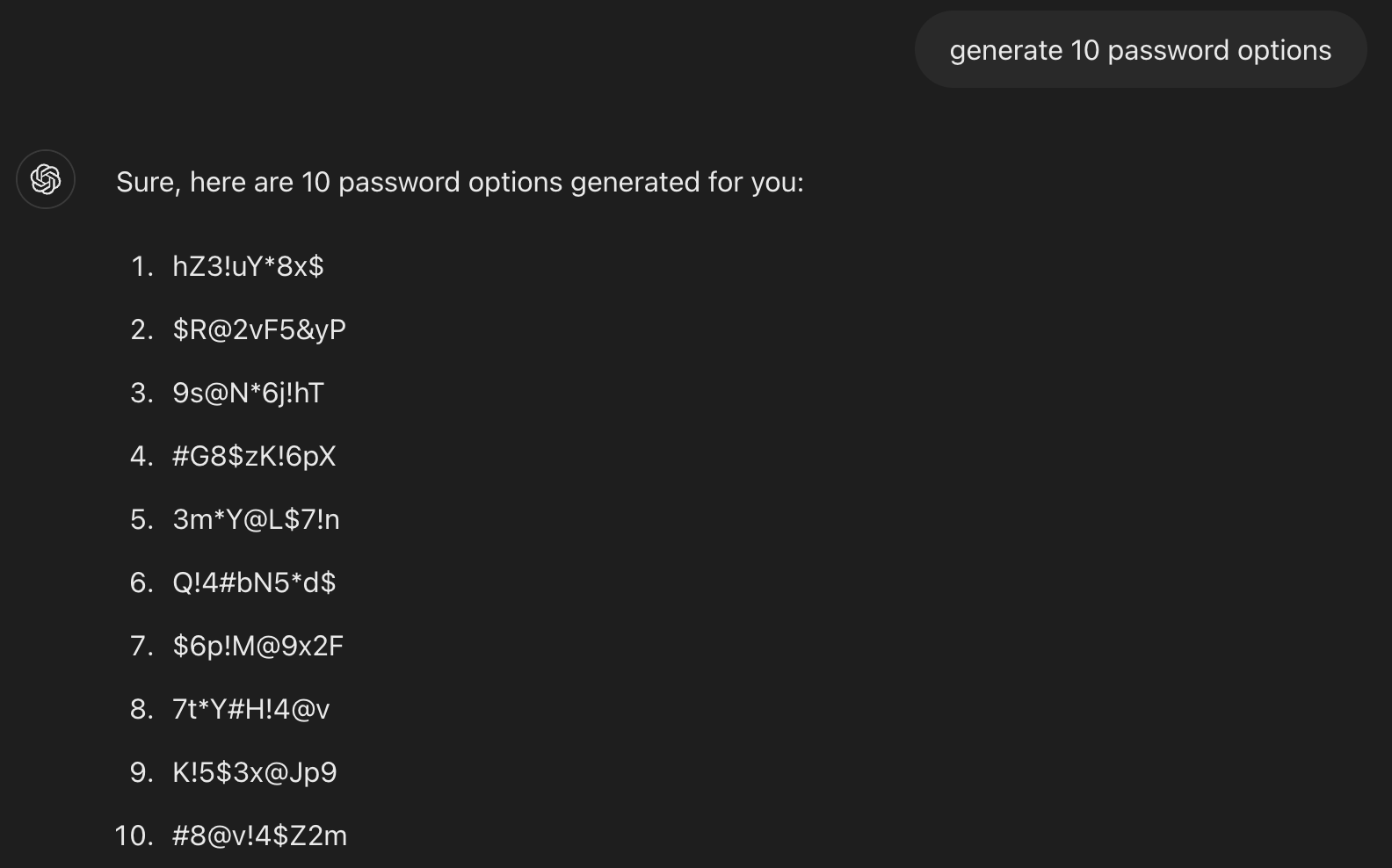 Screenshot showing ChatGPT generating an additional ten passwords