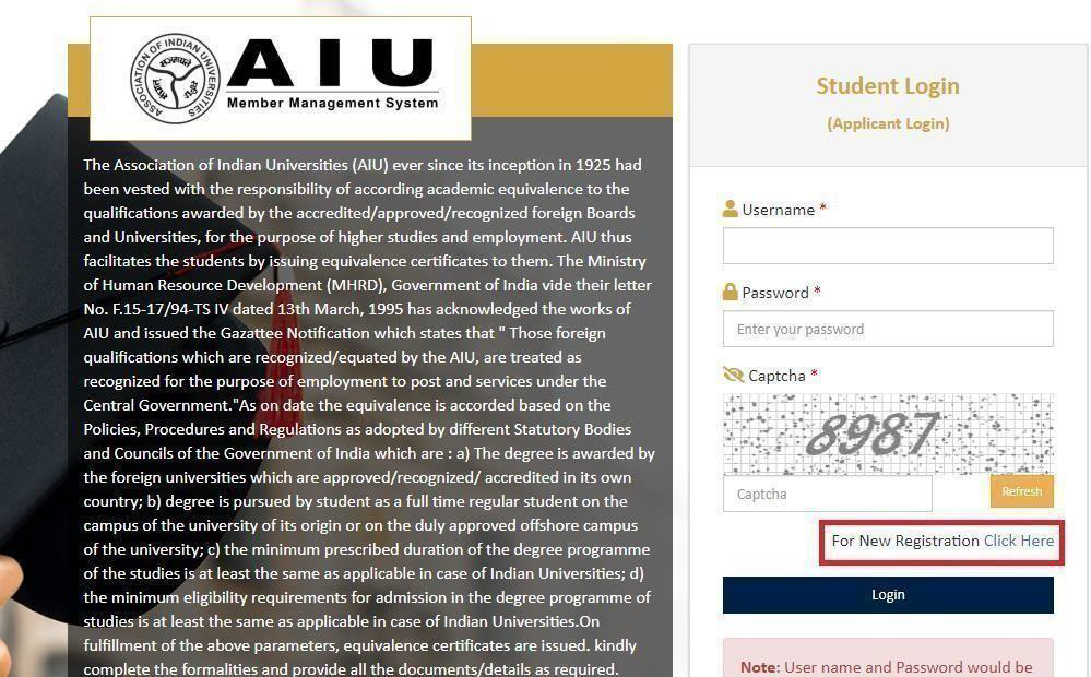 AIU Login form for registration 