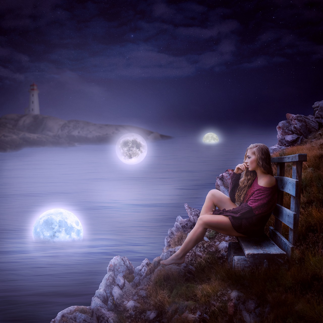 Romantic Lonely Girl and Moon
sitting on a bench