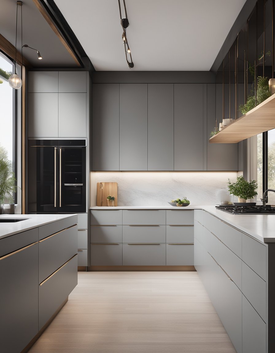 A sleek, modern kitchen with light gray cabinets and minimalist hardware. Clean lines and a minimalist aesthetic create a sophisticated and elegant space