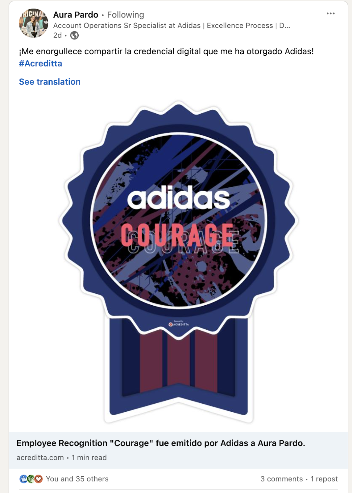 Insignia de adidas por reconocer el valor corporativo