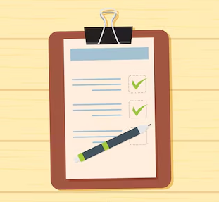 Clipboard with checked boxes placed on a wooden background