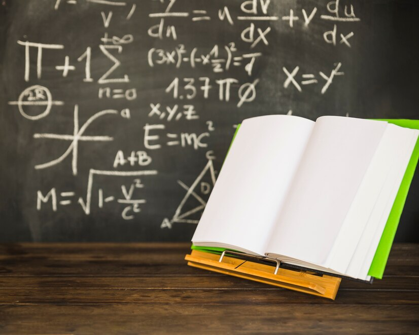 A blackboard with an opened book holder beside it, suggesting focus on advanced mathematics.
