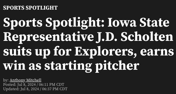 Headline graphic from NBC News which reads: "Sports Spotlight: Iowa State Representative J.D. Scholten suits up for Explorers, earns win as starting pitcher.