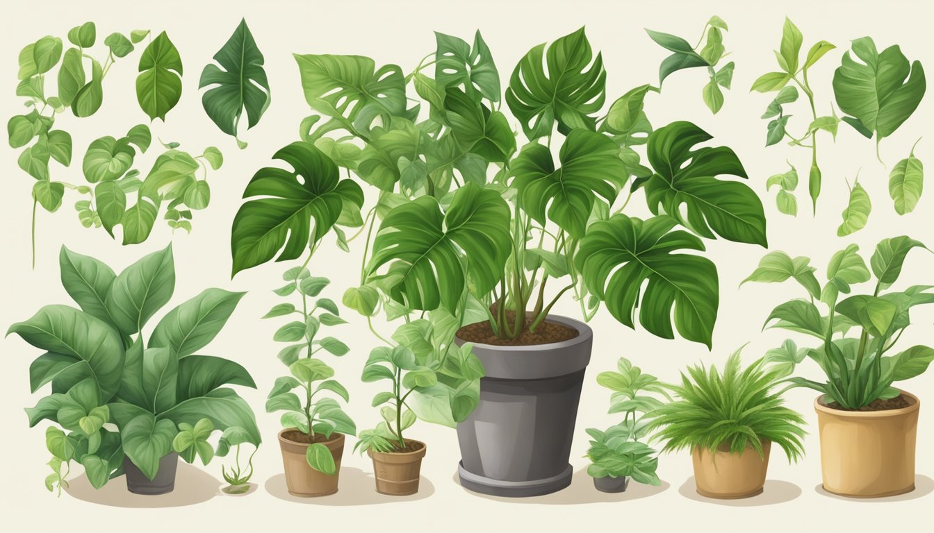 A healthy philodendron plant surrounded by various treatment options for pests and diseases