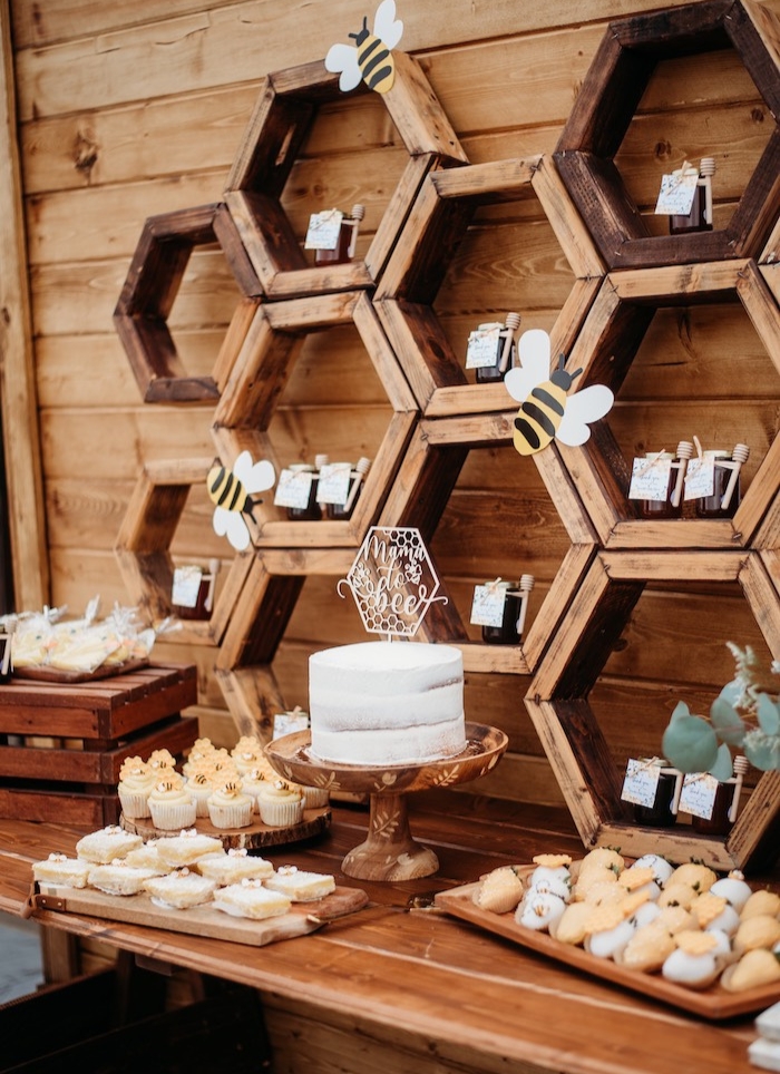 honeycomb shelves with cake and cookes