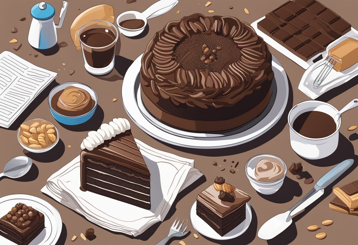 A hand reaches for a glossy chocolate cake, surrounded by various baking tools and ingredients. A recipe book titled "Baking with Chocolate: Tips and Tricks for Perfect Results" sits open nearby