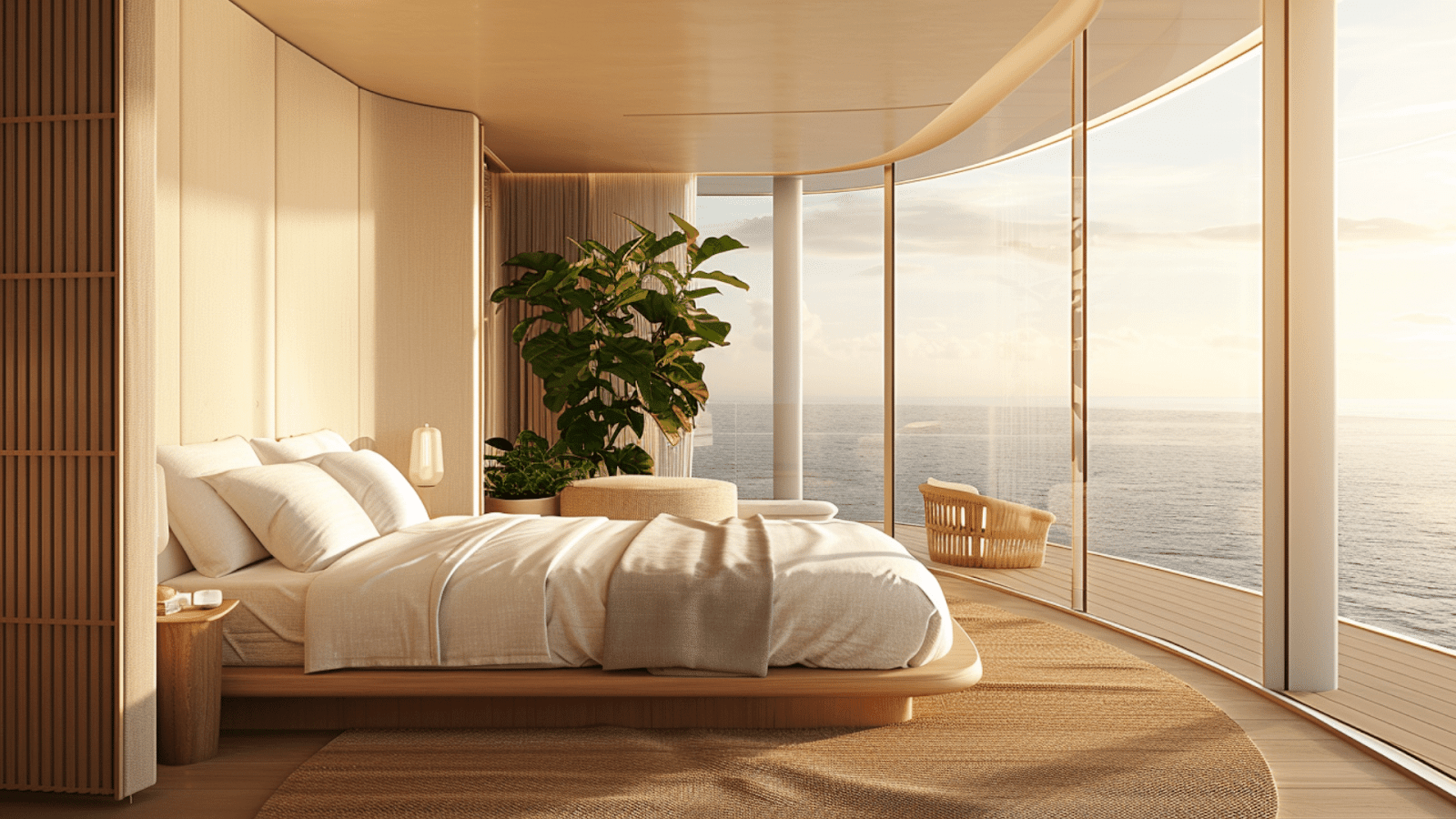 A luxurious bedroom inside a modern rental with panoramic ocean views