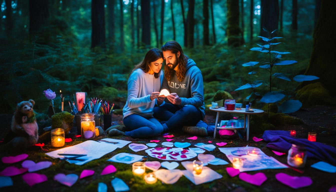 A serene forest glade at night, lit by the soft glow of the new moon. In the center of the glade, a small table is set up with art supplies strewn about. A couple sits on opposite sides of the table, each working on their own creative project. They are surrounded by symbols of love, such as rose petals and heart-shaped stones. Above them, a shooting star streaks across the sky, representing the manifestation of their shared passion and creativity.