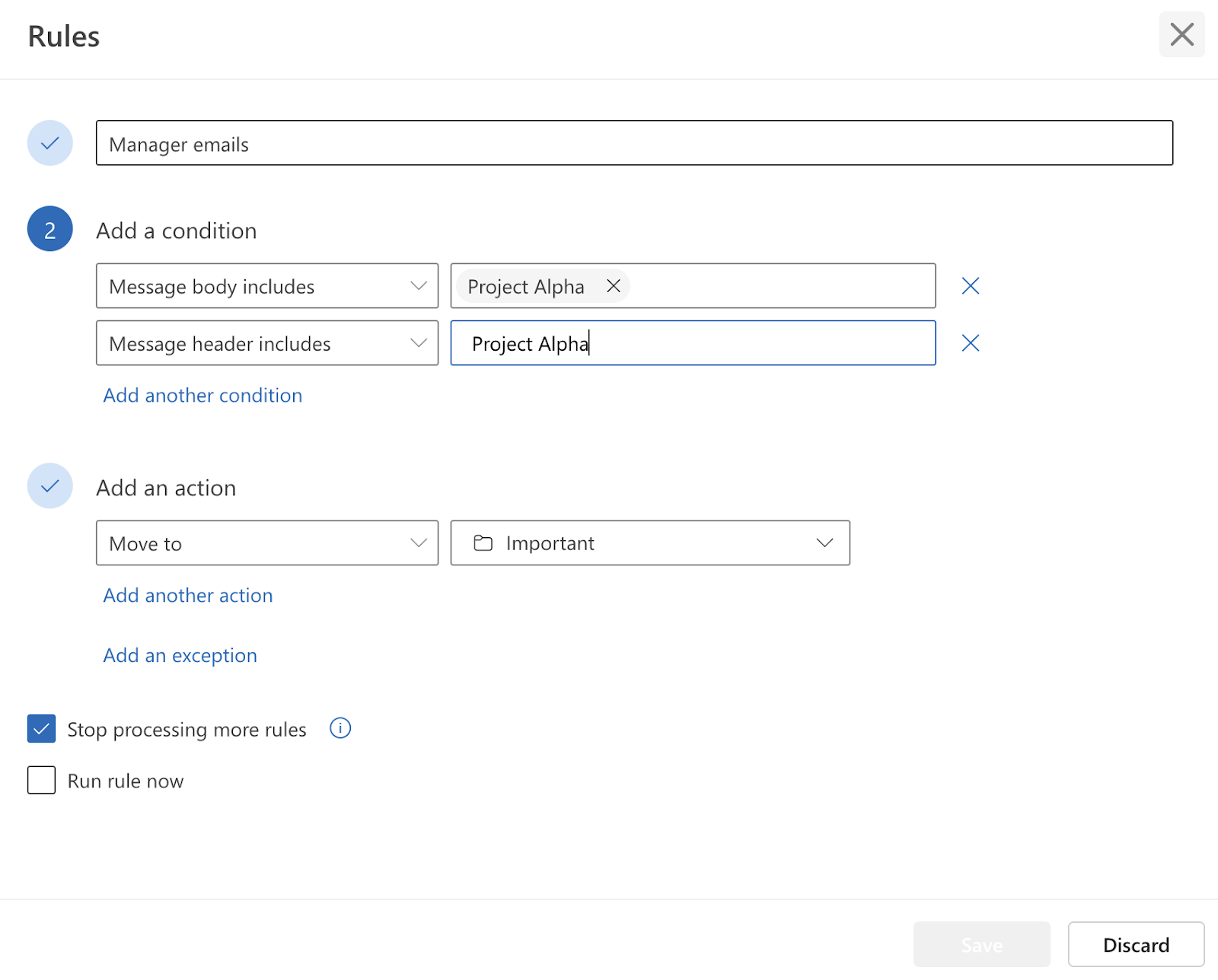 Adding multiple conditions to filter emails in Outlook