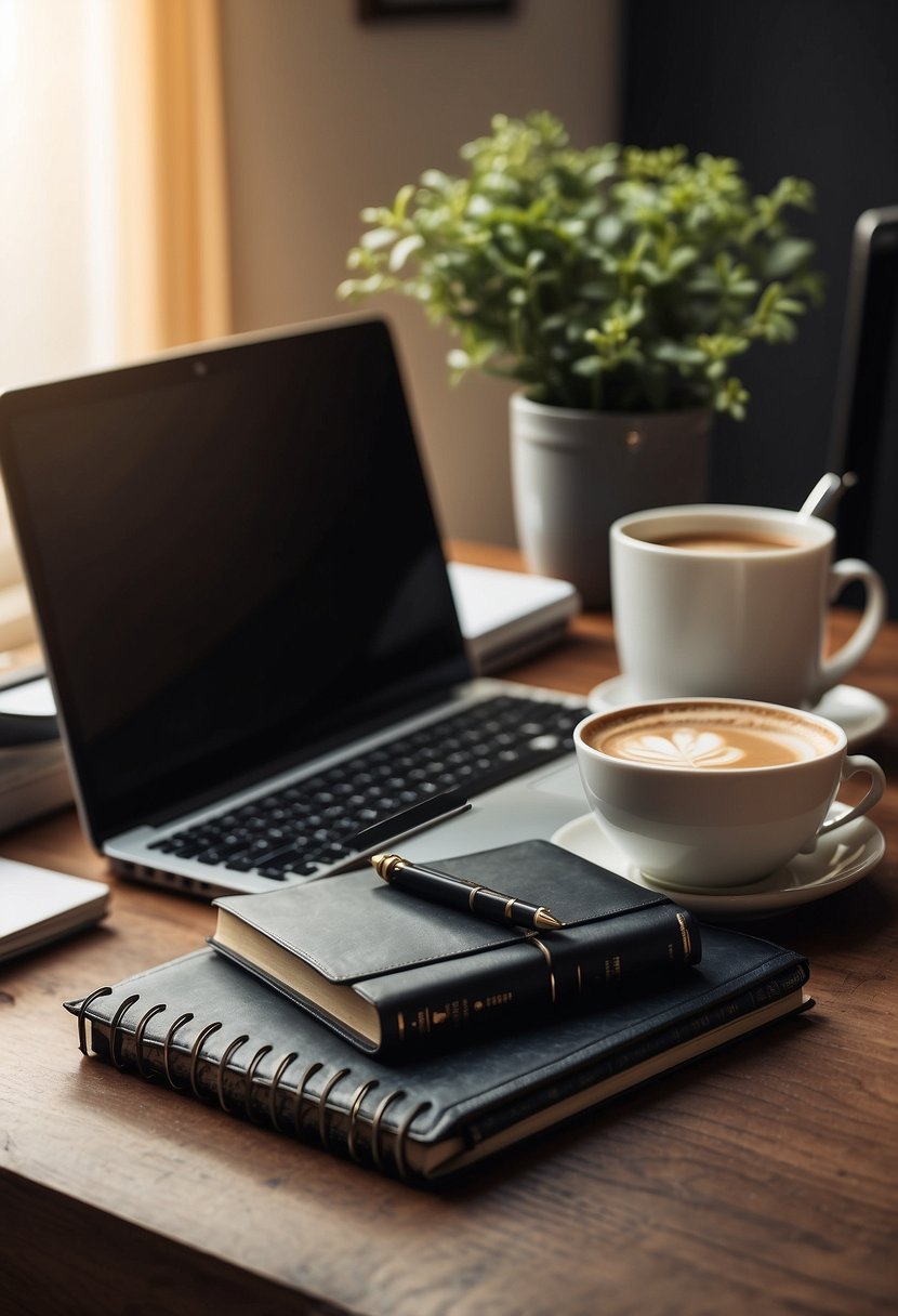 A neatly organized desk with a planner, a stack of books, a laptop, and a cup of coffee. A clock on the wall shows the time as 6:00 am